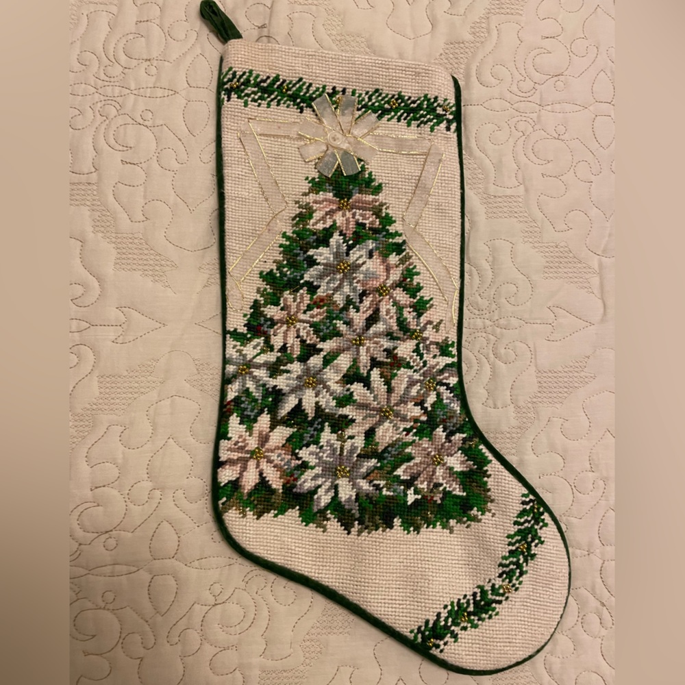 Vintage Poinsettia Flower Christmas Tree Handmade Needlepoint Stocking RARE NWT